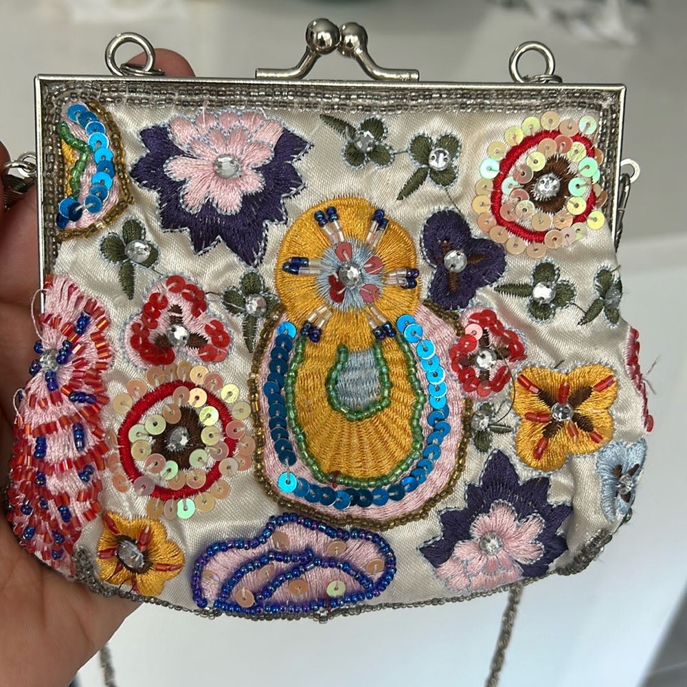 Passport beaded small bag with satin lining crossbody silver chain